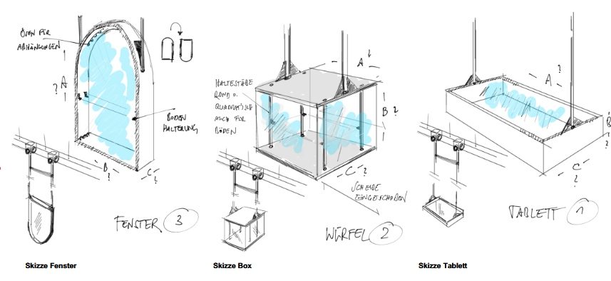 Handskizzen des Architekten für die Sondervitrinen
